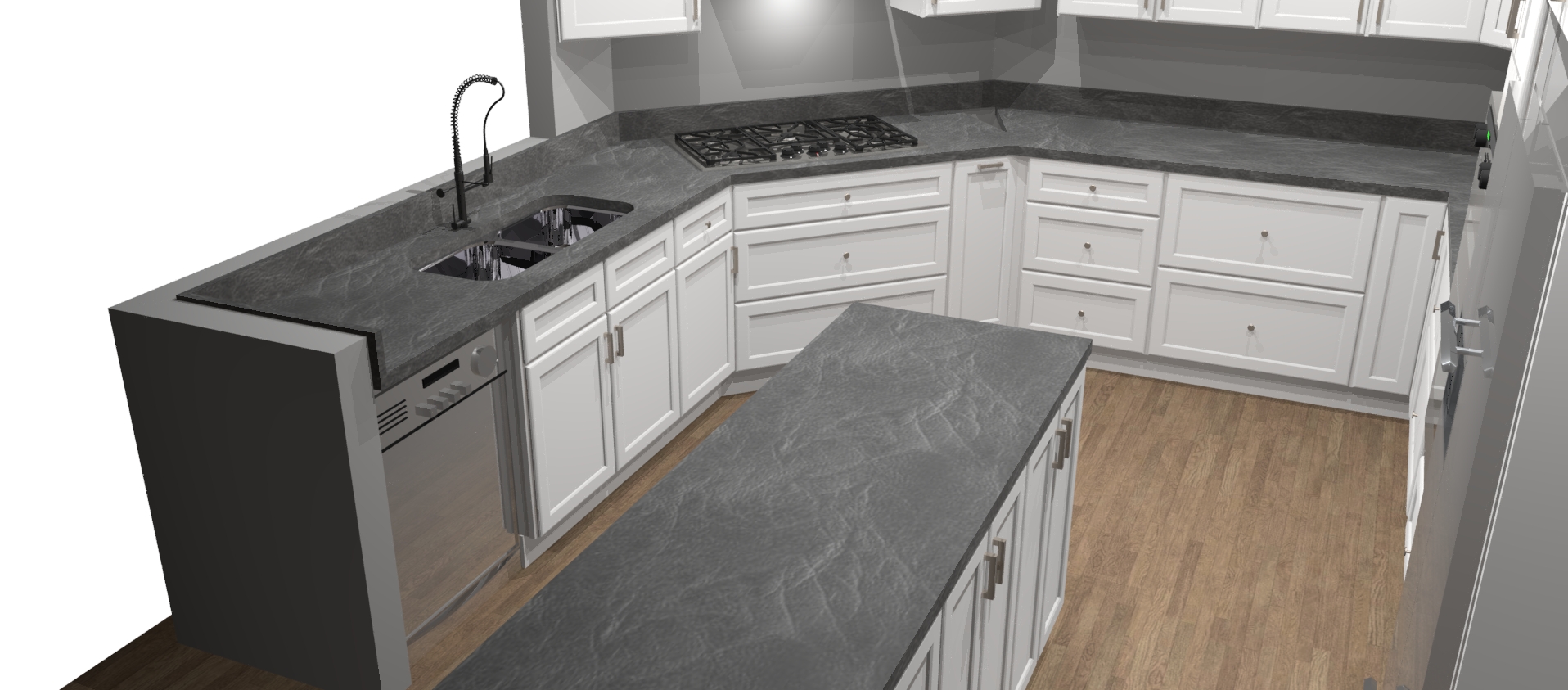 3D rendering: kitchen from entry angle showing pantry and island